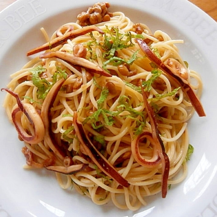 納豆とイカのスパゲッティ